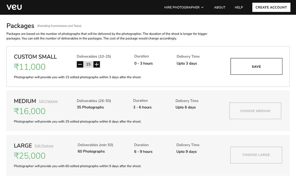 Visual design of edit state of packages in photographer’s profile.