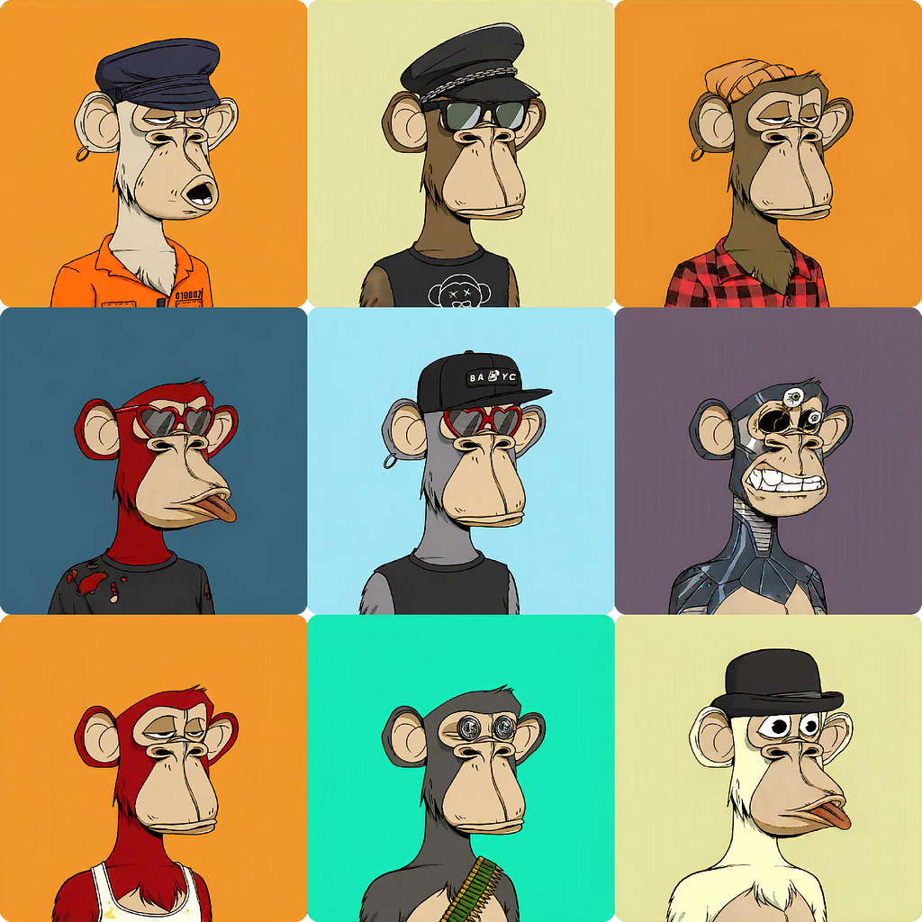 A 3-by-3 grid of apes in the style of the Bored Ape Yacht Club collection. In my opinion, they look very good.