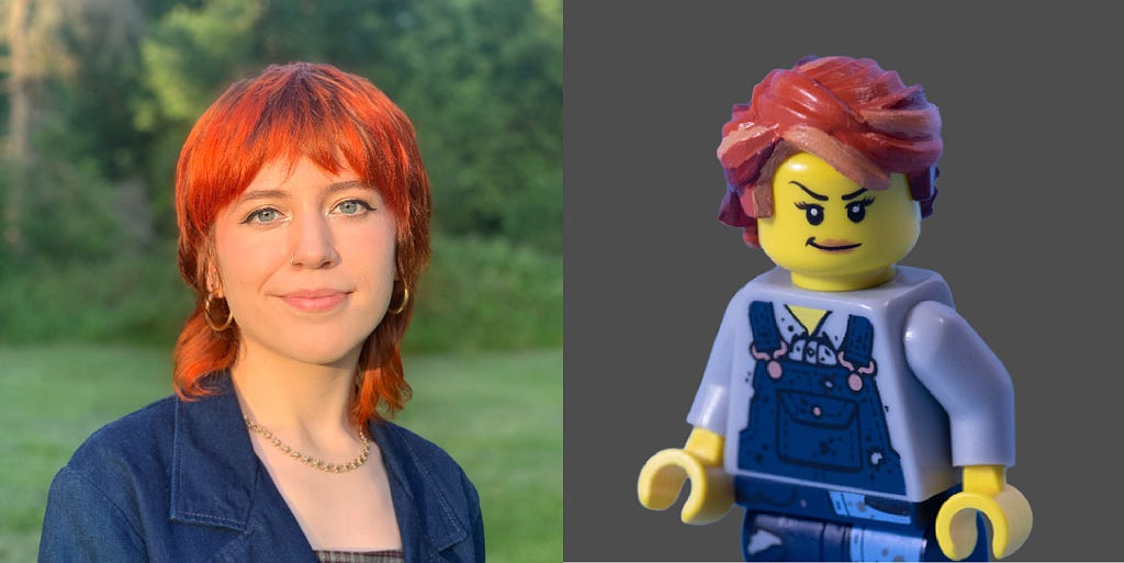 Emma Palin headshot and her LEGO look-alike