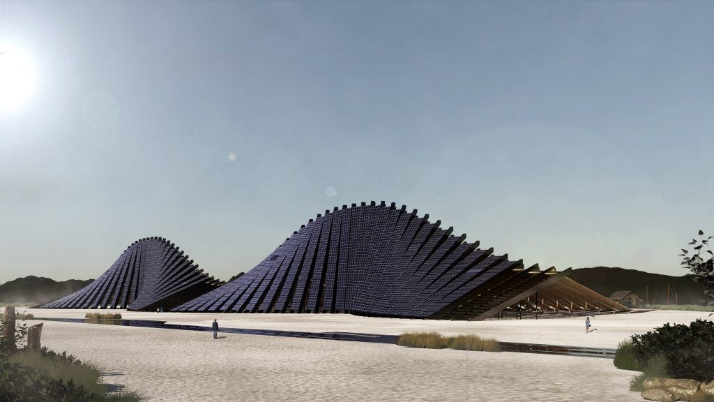 Architectural rendering of “Solar Mountain,” a sinuous building clad with solar panels that seems to merge with the mountain skyline in the distance.