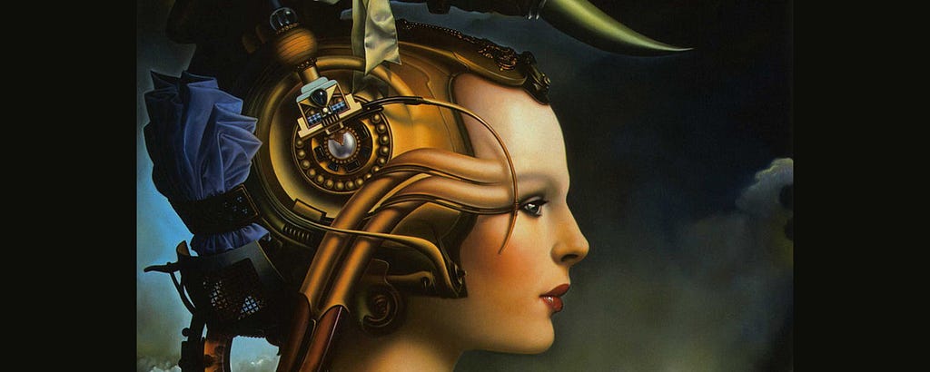 A stylized closeup of a woman in profile; her head contains gears and tubes coming out of it.