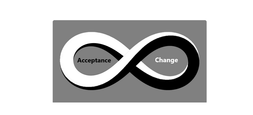 The infinity symbol with black and white, similar to the yin and yang symbol. It’s also a Mobius Strip. Acceptance and Change