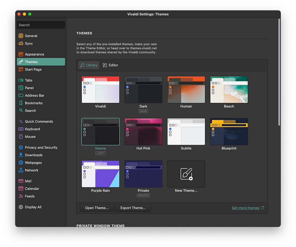 A screenshot of Vivaldi’s theme preferences. 10 unique themes are included by default.