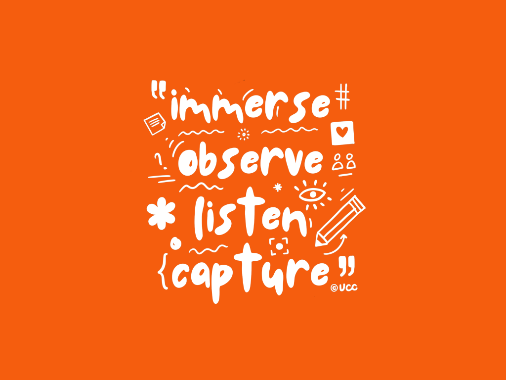 A typographic doodle for of the words— immerse, observe, listen and capture made by me for UCC’s 6th anniversary