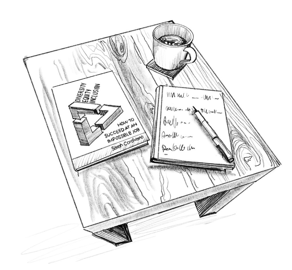 Pencil drawing of the book sitting on a coffee table, with notebook filled with notes and cup of coffee.