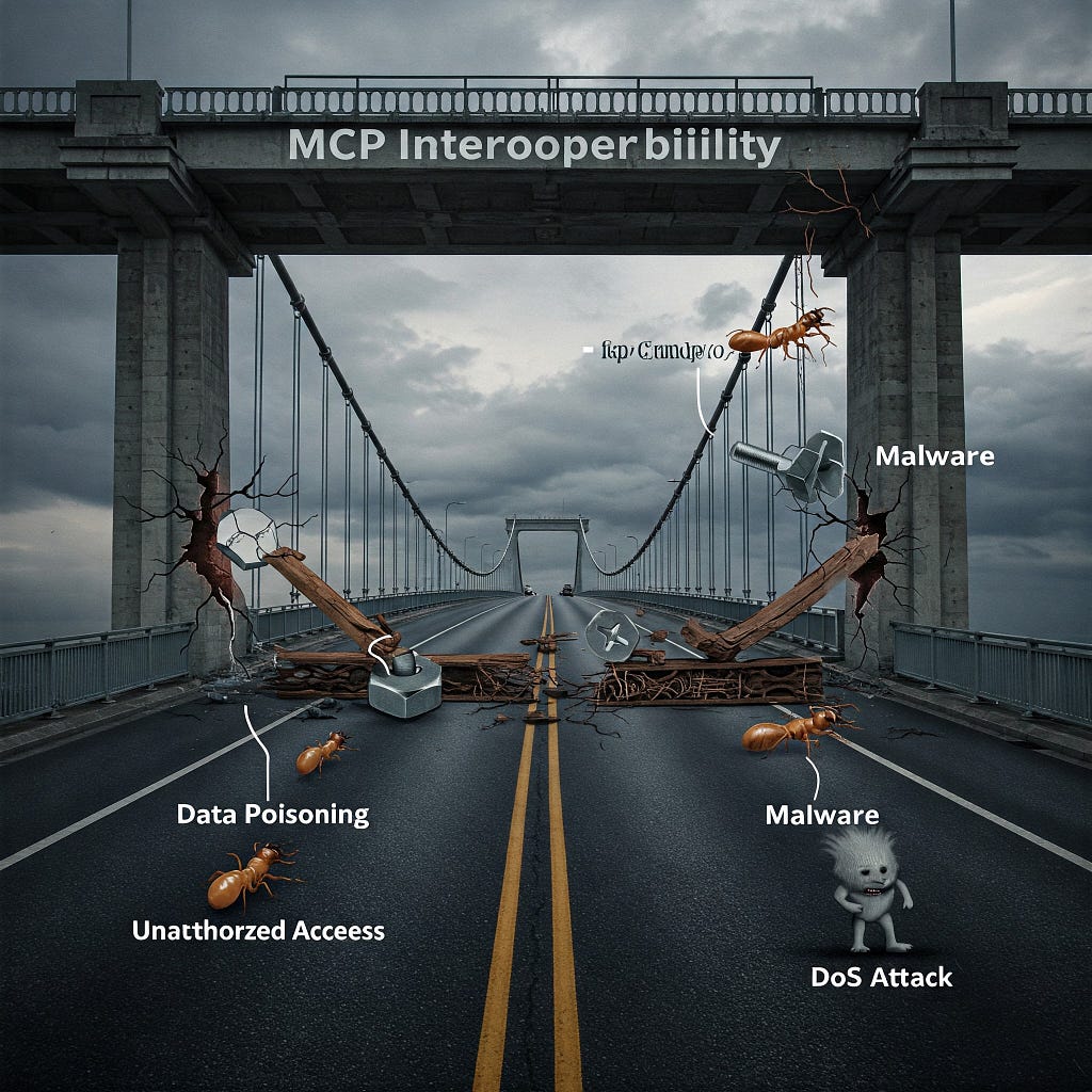 Metaphorical image of a bridge with vulnerabilities representing security risks in MCP servers.