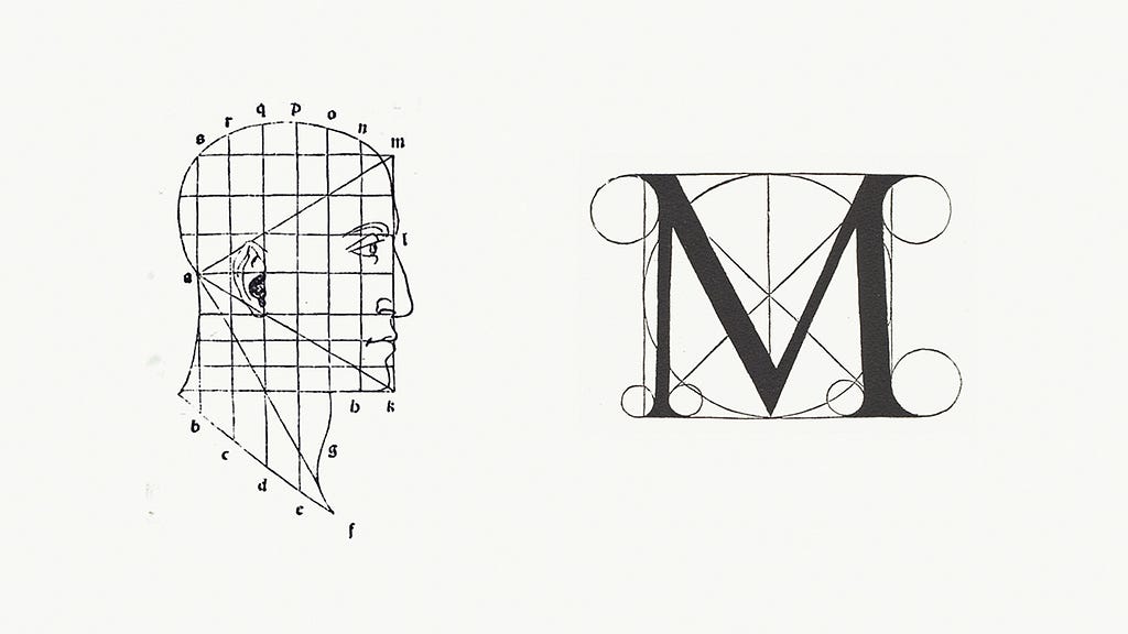 Technical illustrations of a man’s head and a letter M