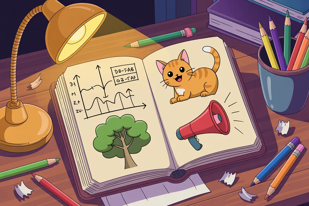 Cartoon journal with several dog-eared pages each showing a small illustrated lesson about KNN