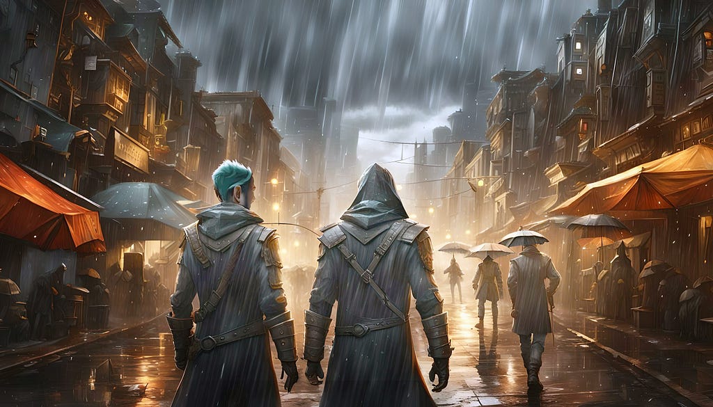 Two young wizards in stealthy outfits walk through the wet city streets