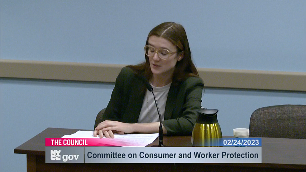 Meg Foster testifying before the Committee on Consumer & Worker Protection