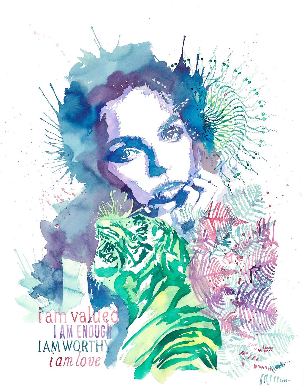 A bold watercolor painting of a woman, mandala, tiger, and plants with affirmations that state “I Am Valued”, “I Am Enough”, “I Am Worthy”, and “I Am Love”.