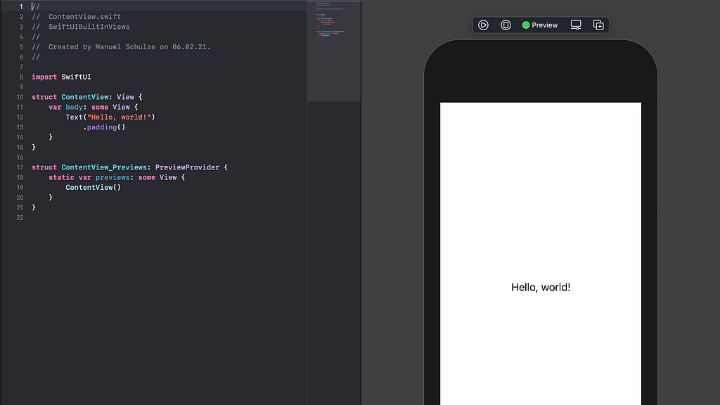 The SwiftUI preview started in Xcode and shown in the canvas on the right of the screen.
