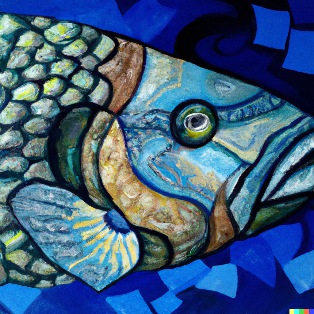 Image generated by DALL-E 2 with prompt: “Cubism painting of a coelacanth swimming in deep blue sea.”