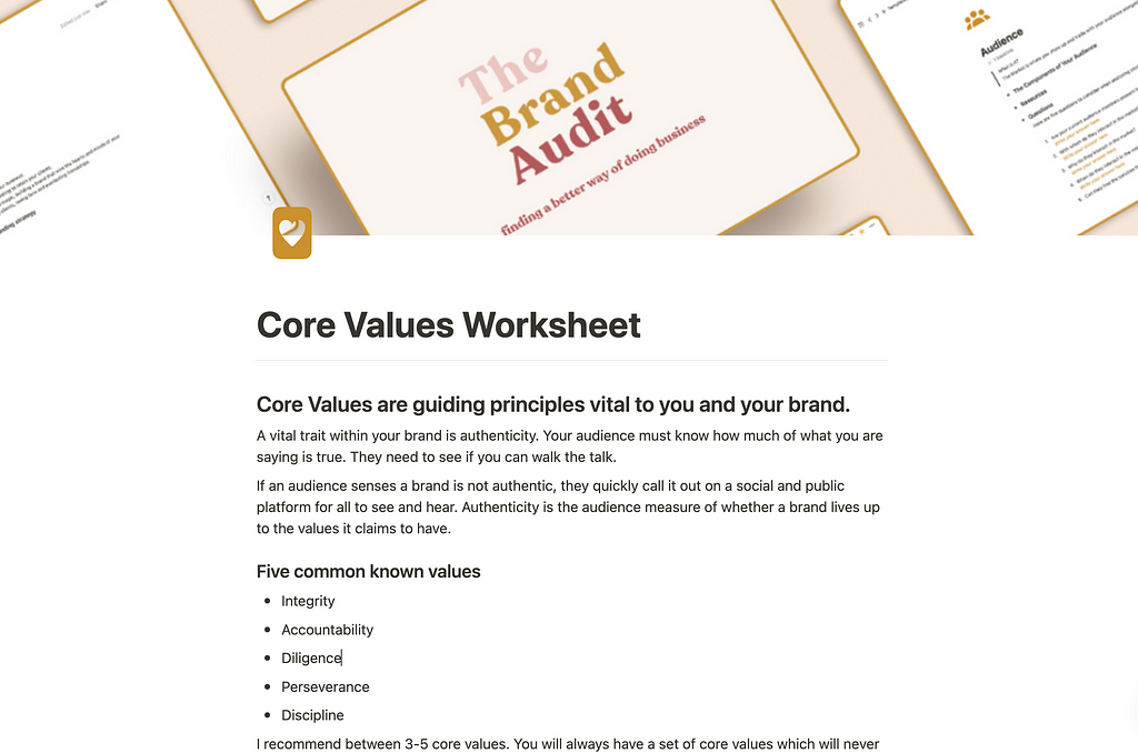 A notion template worksheet to help you set your core values
