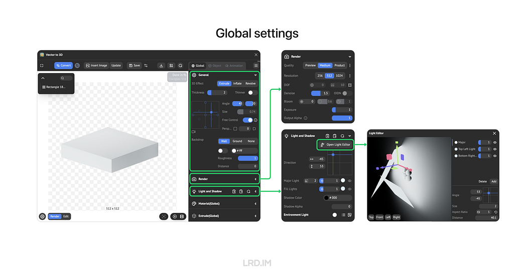 A layout settings screenshot of the Figma plugin ‘Vector to 3D’ shows global configuration options for the 3D scene, including modules for rendering quality, shadows, and lighting editor.