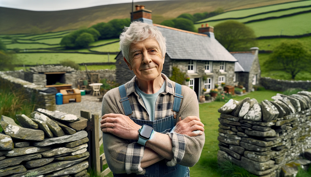 An elderly person standing outside a remote Welsh farmhouse. They appear relaxed and content, with a gentle smile and a watch-style health monitor on their wrist.