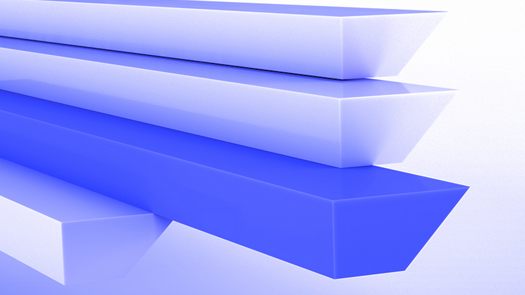 This image depicts a series of three elongated, rectangular, and gradient-colored bars stacked in a staggered arrangement. The bars transition from a lighter blue at the top to a deeper blue at the bottom, with sharp, clean edges and a glossy finish. The background is a light gradient that complements the bars’ colors.