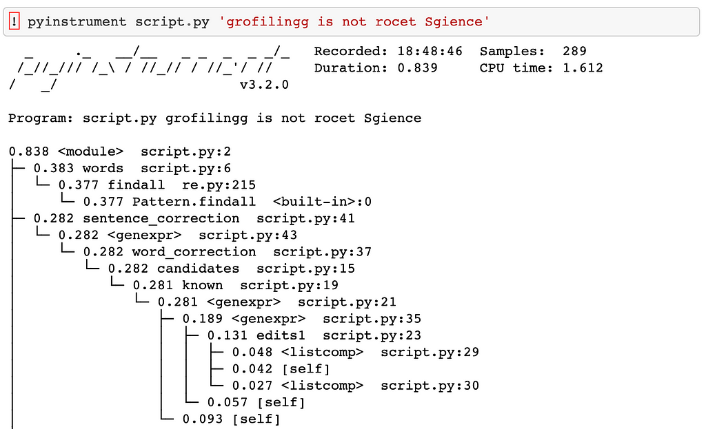 a table of performance statistics for the sentence_correction function of pyinstrument