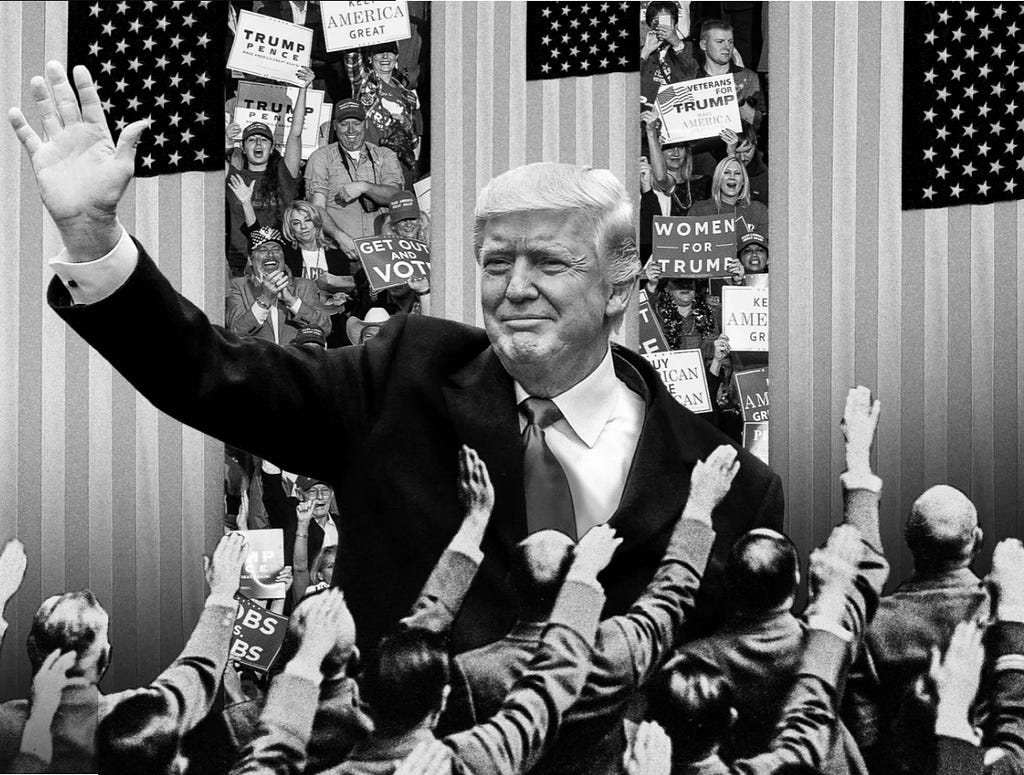 Trump waving to the HItler salute backstoped by Trump supporters