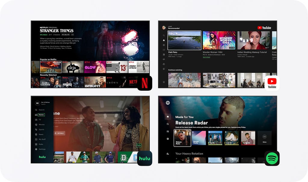 Popular TV apps with a dark color scheme: Netflix, Youtube, Hulu and Spotify