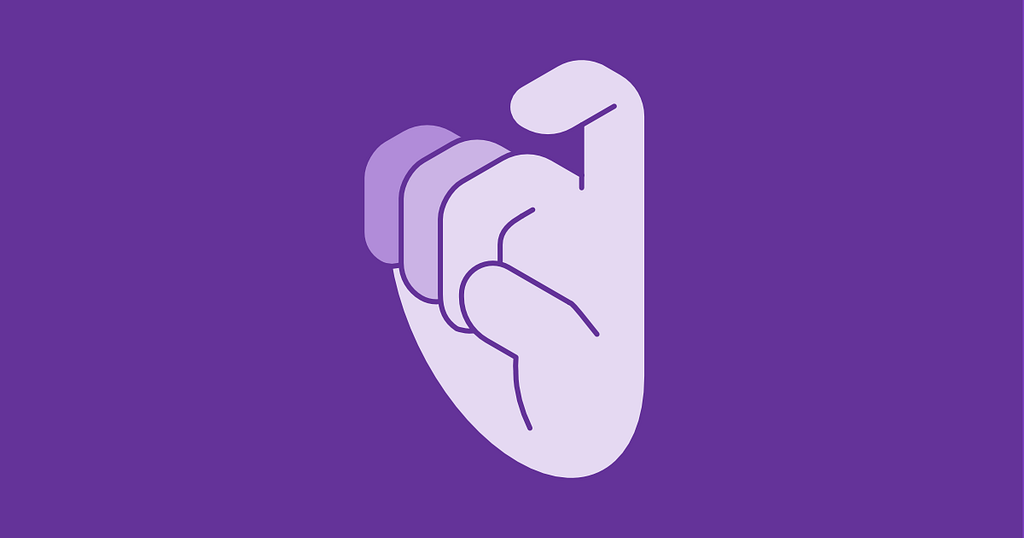 A purple right hand signing the letter X in American Sign Language. Digital isometric illustration by Xurxe Toivo García.