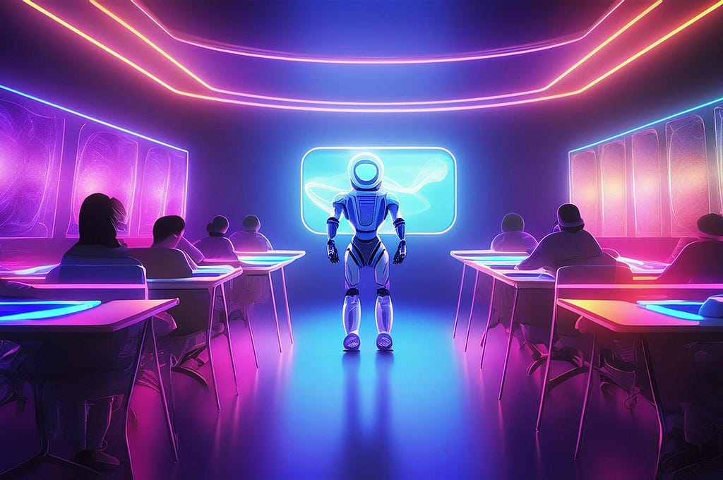 AI photo of robot in front of a classroom. Desks on the left and right with students sitting in them