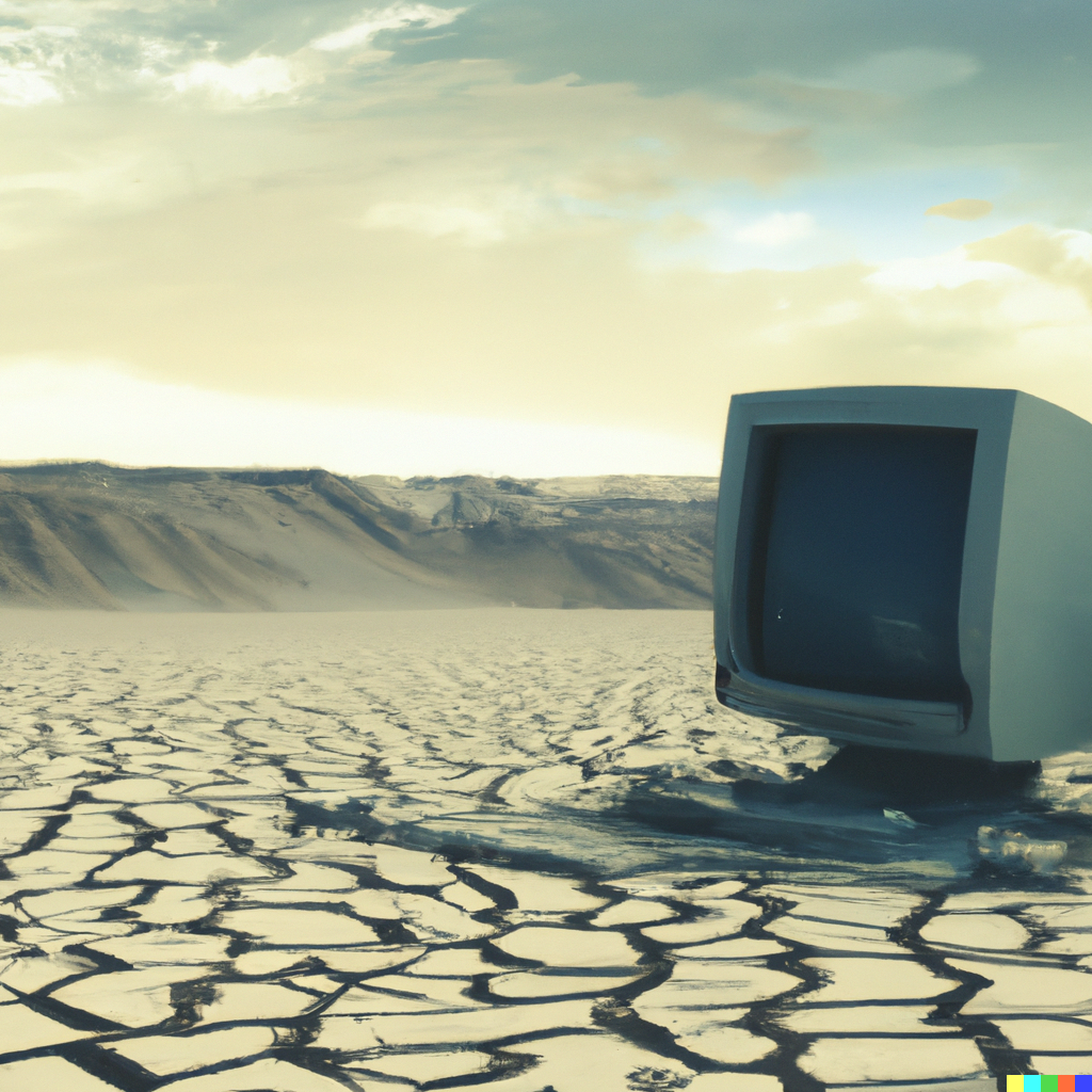 An old computer crumbling and falling apart in a desert, digital art