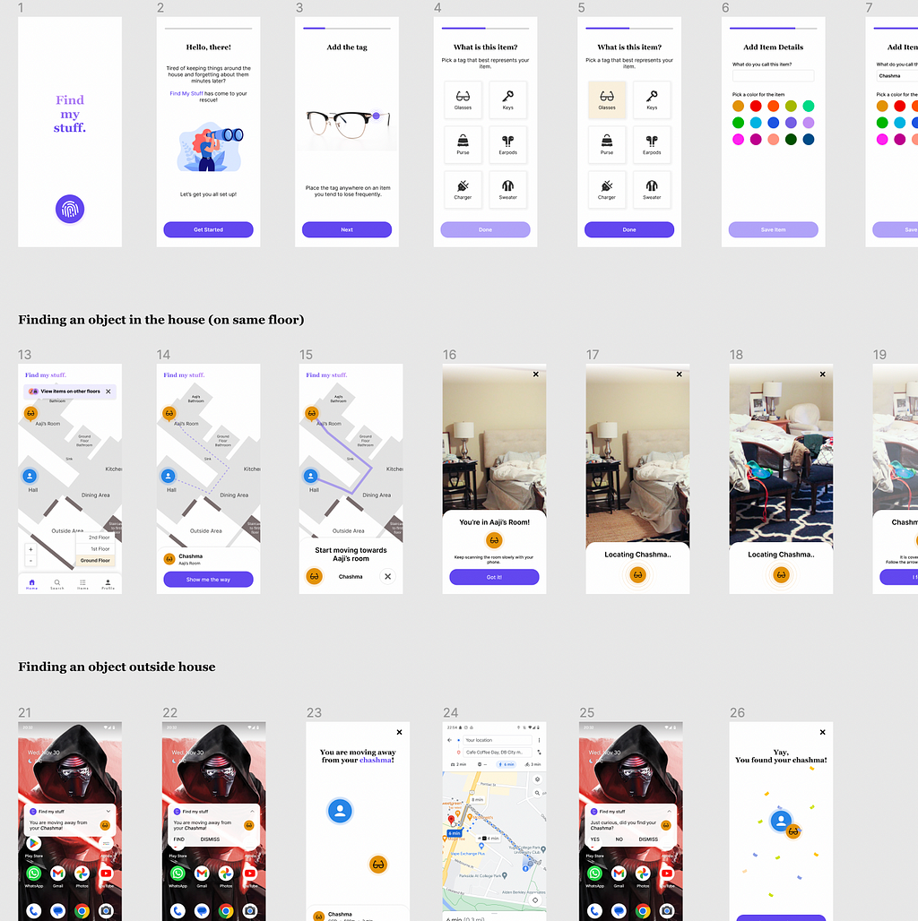 High fidelity screens for “Find My Stuff”.
