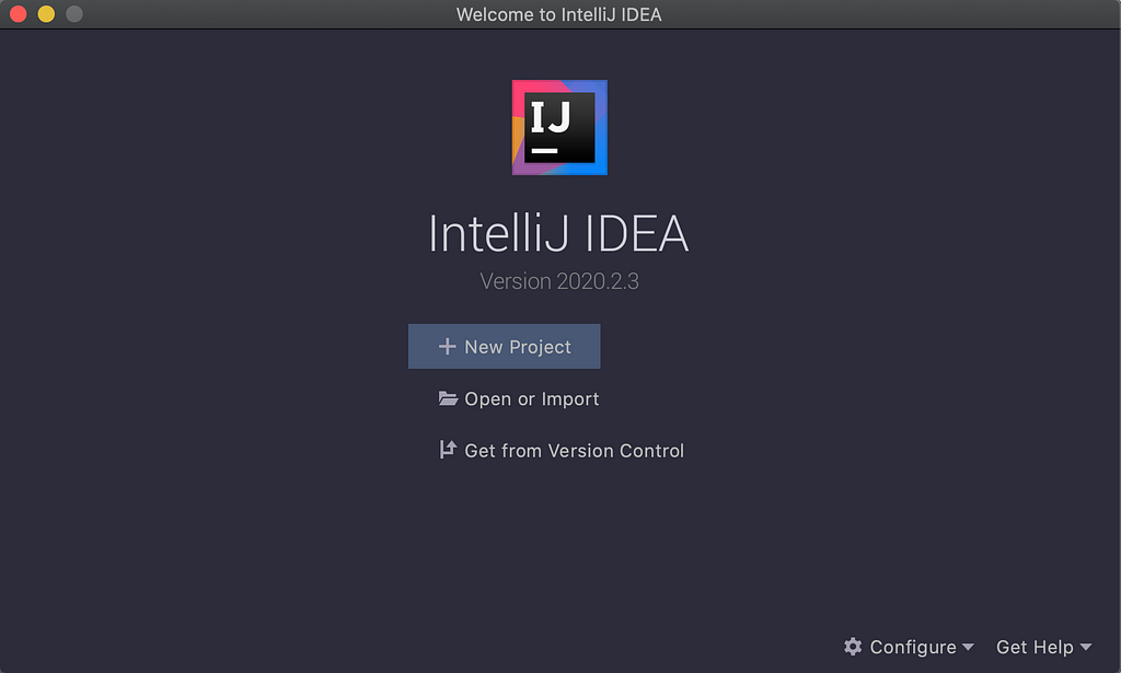 An image of IntelliJ IDEA Community as soon as it starts, with new project option highlighted