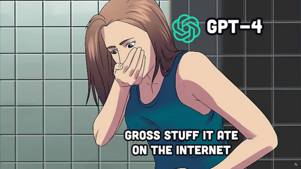 An illustration showing a young woman about to vomit. The young woman is labeled “GPT-4.” Another label over her stomach reads: “Gross stuff it ate on the internet.”