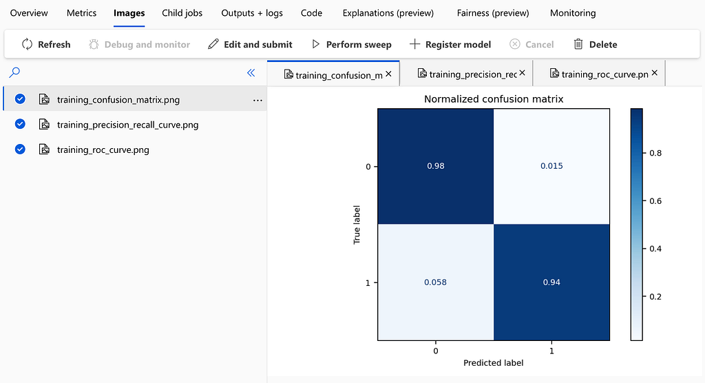 A screenshot of Microsoft Azure Machine Learnings, showing a confusion matrix under the “Images” tab, it can be seen that files in addition to the one with the confusion matrix have been created