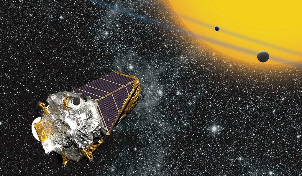Artist’s conception of the Kepler space telescope observing planets transiting a distant star