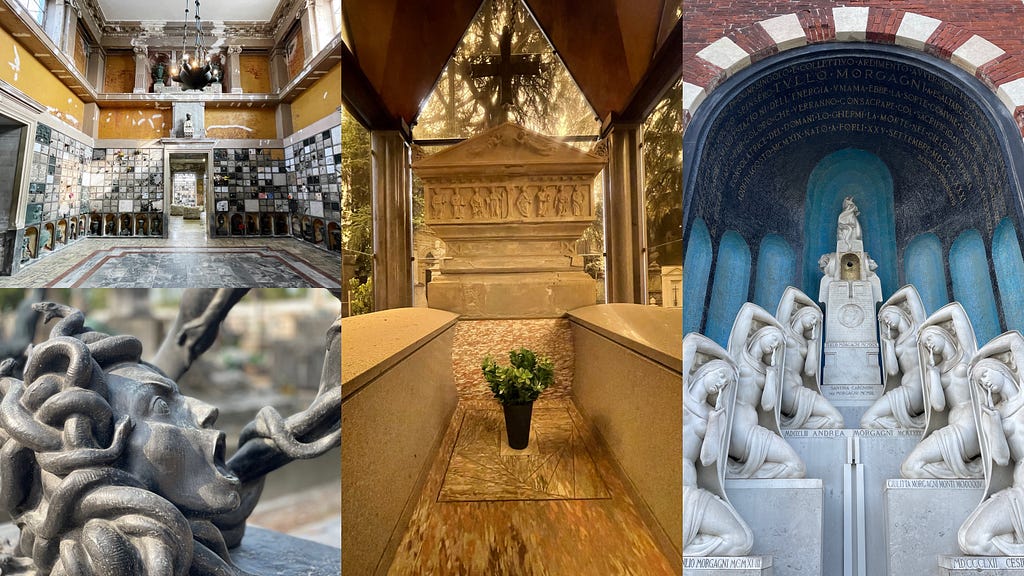 tombs and sculptures inside Milan’s cimitero monumentale