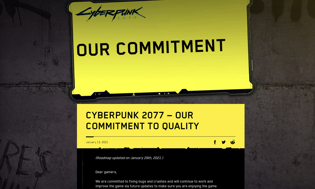 Snippet from Cyberpunk 2077 blog titled Our Commitment to Quality