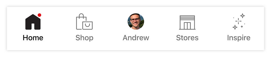 The new bottom navigation: Home, Shop, Account, Stores, Inspire
