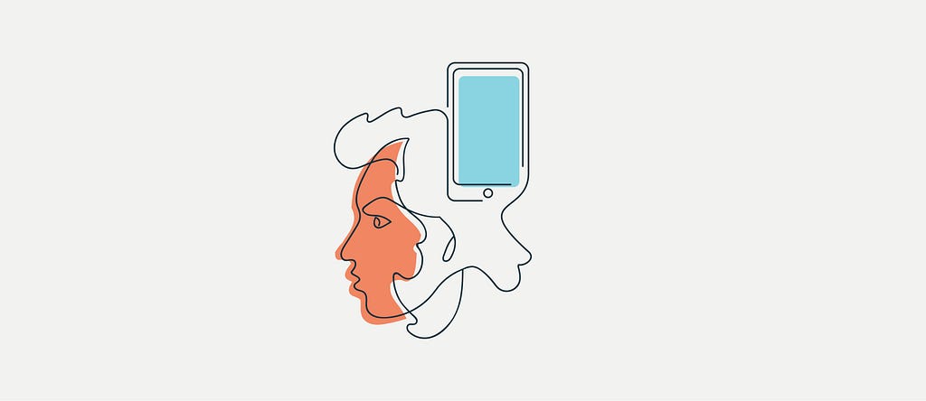 A simple, line drawing illustration of a human head and mobile phone as one.
