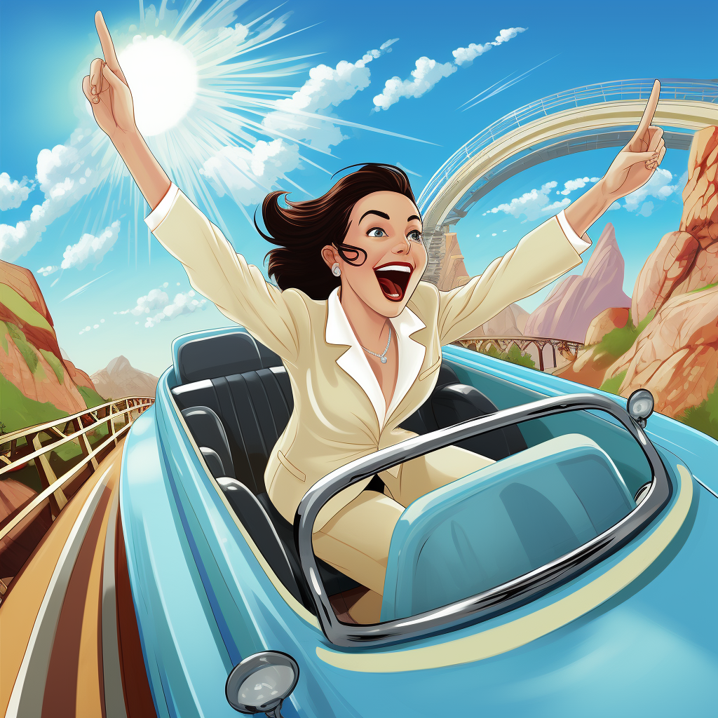 A business woman riding on the front car of a rollercoaster with a huge smile and her hands in the air. This represents the emotional rollercoaster an entrepreneur goes through.