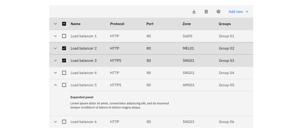 A table with 5 columns, checkboxes and icon buttons