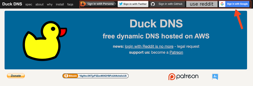 Duck DNS website home page