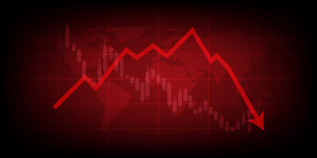 Red arrow graph drop arrow down with world map on red background. Money losing. Stock crisis and finance concept.