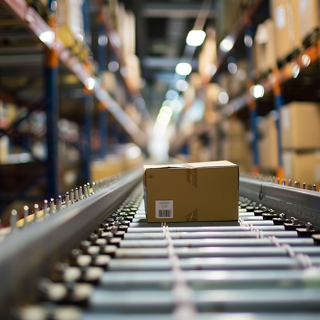 A cardboard box travels along a conveyor belt in a large warehouse filled with shelves of other packages and products, representing the efficiency and automation of modern logistics and supply chain systems.