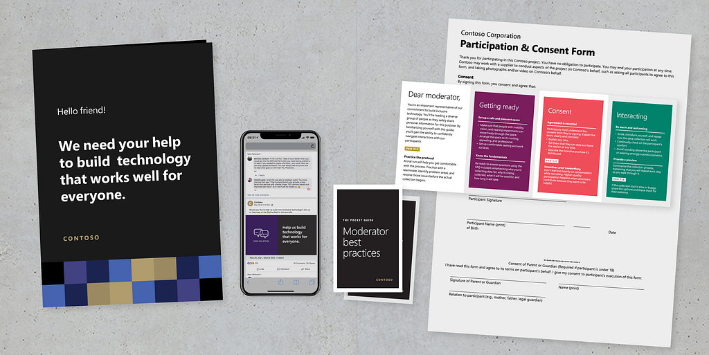 A range of data collection communications from left to right; recruitment collateral and social media post, a moderator best practice pocket guide, and a consent form.