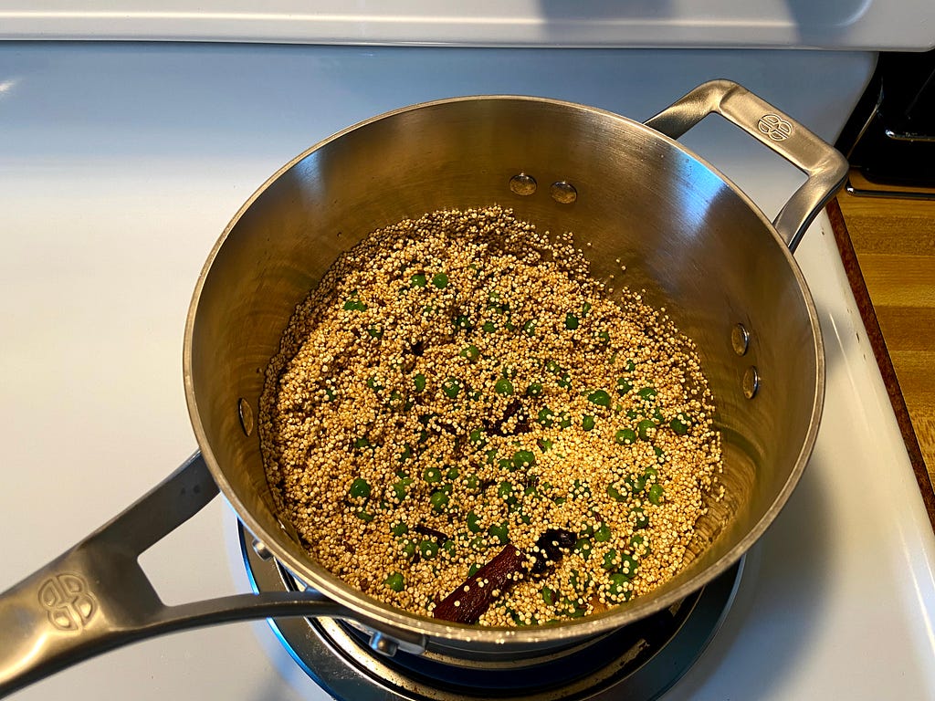 Green peas added to the pot.