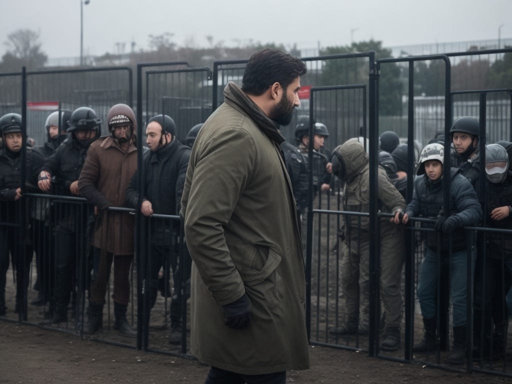 An image of a man standing behind a fence that barricades a group of people from getting to him
