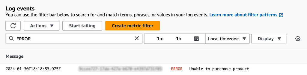 Single log event that reads “ERROR Unable to purchase product”