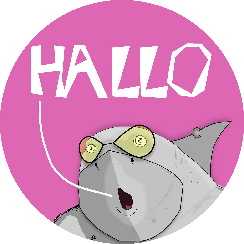 a cartoon shark saying, “Hallo!”