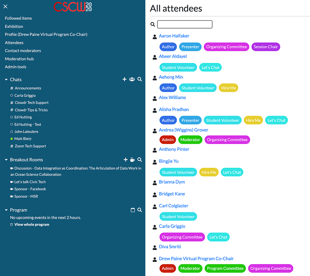 CSCW2020 participants can view all registered attendees, and see each person’s profile badges, to easily socialize.