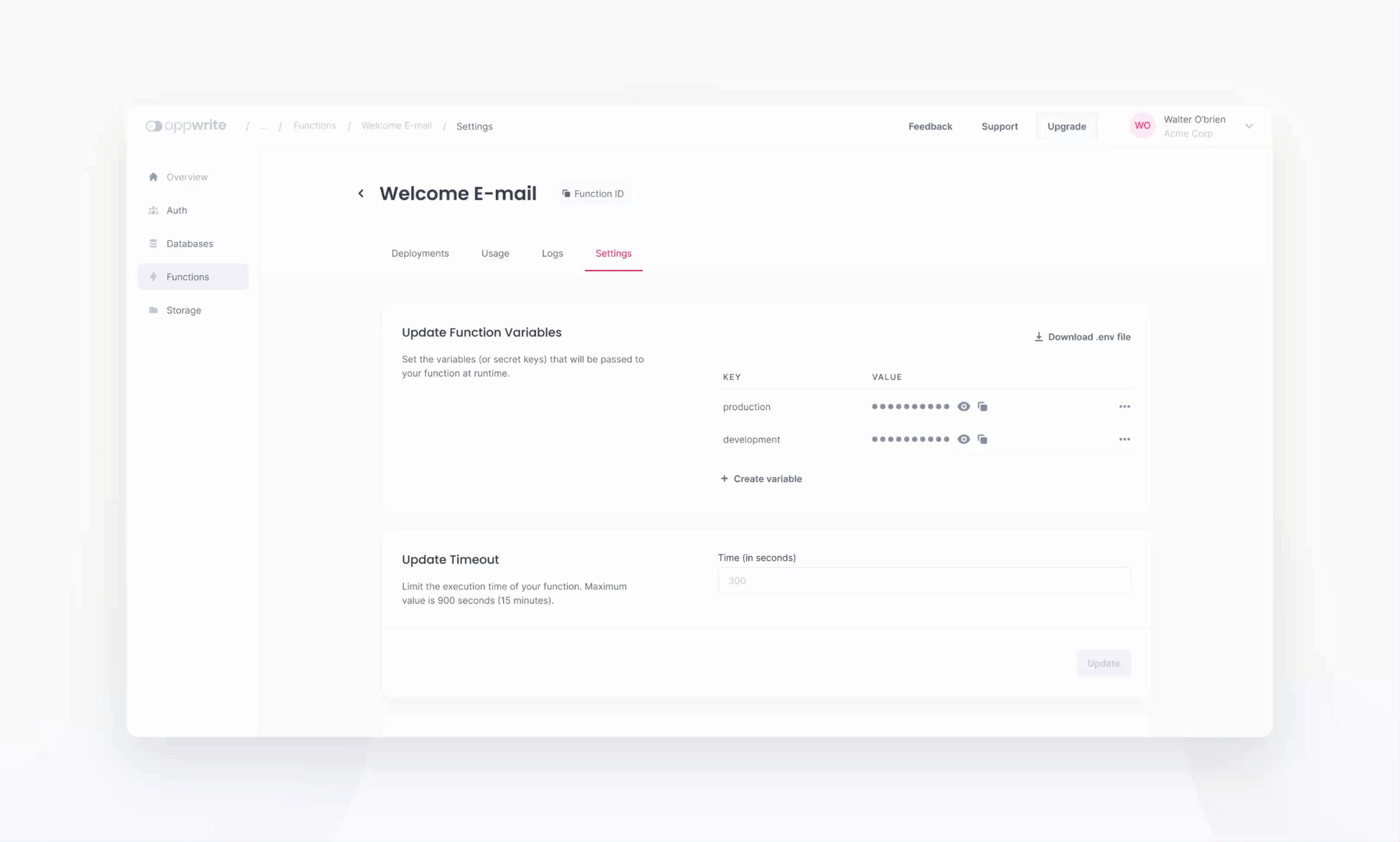 Animation of editing an existing function variable key name in the new Appwrite console