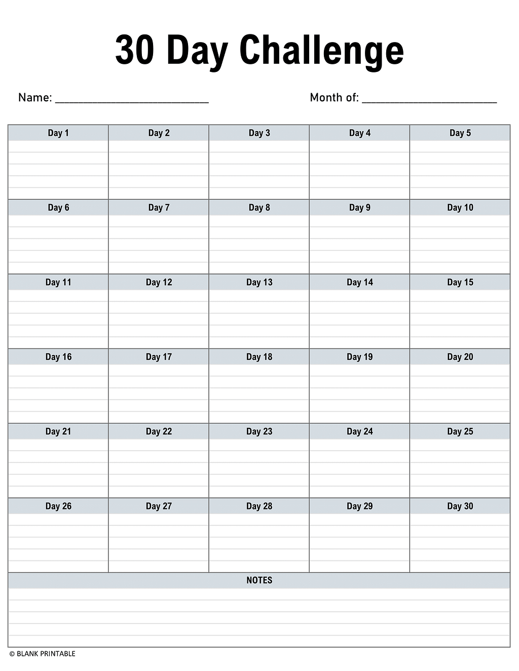 Customizable 30-day challenge blank calendar template, monthly workout planner, tracking sheet, instant download files.