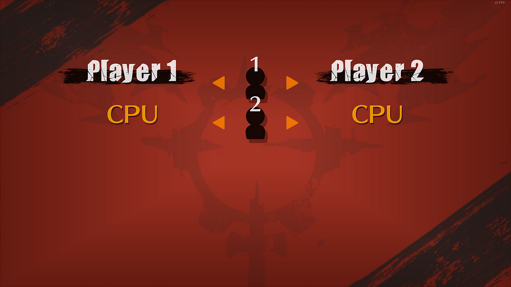 Guilty Gear Strive’s player select screen. It has a player 1 (left) and player 2 (right) options that default to cpu when a player isn’t on either side. There are also two silhouettes with the label 1 and 2.